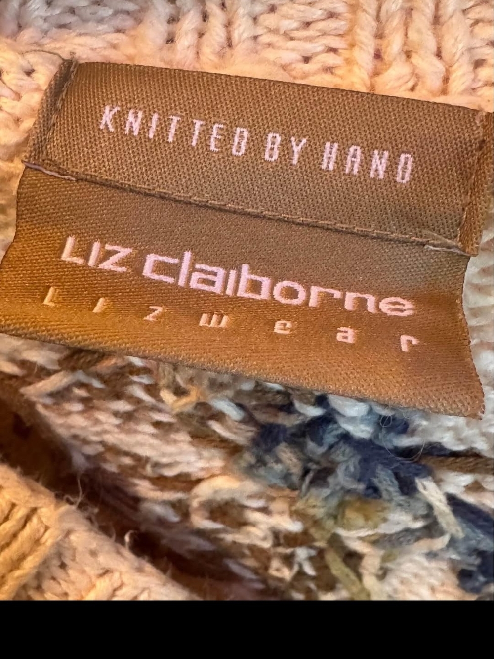 Liz Claiborne Beige V-Neck Sweater with Blue & Green Floral Knit - Picture 2 of 2